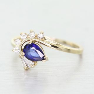  14k Yellow Gold Pear Shape Sapphire Diamond Cocktail Ring