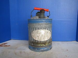 VINTAGE DELPHOS GALVANIZED GAS CAN WITH LABLE BLUE BANDS RED PLASTIC