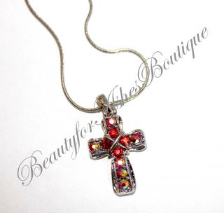  Girls Womens Small Prayer Christ Necklace Cross Ruby AB Crystal
