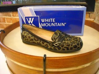 White Mountain Wham Black Leather Leopard Loafers New