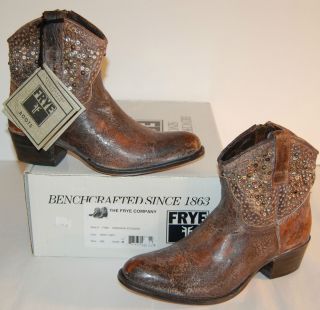 New $498 Frye Deborah Studded 9 M Ankle Cowboy Boot Leather Grey Brown