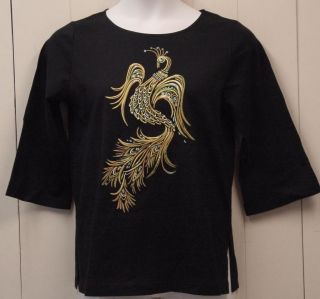 Bob Mackie Fantasy Peacock Embroidered Tee Size XL Black