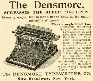 1893 Ad Antique Densmore Typewriter Carnegie Steel Typing Office