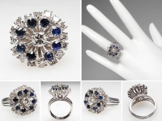 Vintage Diamond & Blue Sapphire Cluster Cocktail Ring Solid Platinum