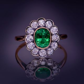 vintage emerald and diamond cluster ring, Russian, circa 1910