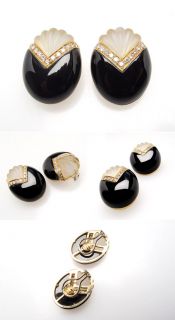 Natural Black Onyx Quartz Diamond Earrings Clip on Style Solid 14k 18K