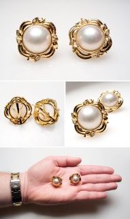 Vintage Estate Mabe Pearl Genuine Diamond Earrings Solid 18K Gold Fine