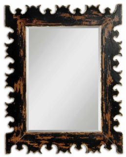 Distressed Carved Black Gold Mango Wood Mantel Mirror