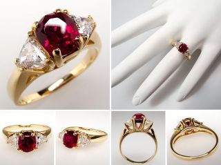 Natural Ruby & Triangle Diamond Engagement Ring Solid 14K Gold Estate