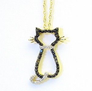 Purrfect Gift Black White Diamond Kitty Cat Pendant 10K Yellow Gold