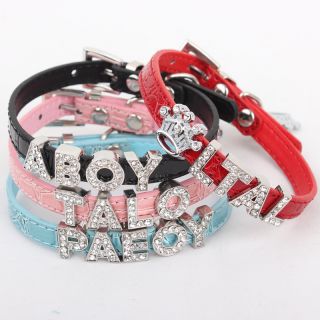 Personalized Cat Small Dog Leather Collar with Rhinestone Letter