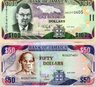 jamaica 50 100 dollars set 2 pcs bank of jamaica p new 2010 grade unc