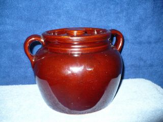 Vintage Pottery USA Bean Pot Crock with Lid Dark Brown Glazed