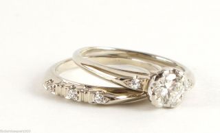 Vintage 1940s 18K White Gold Platinum Diamond Wedding Ring Band Set