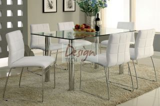 7PC Set Modern Tempered Glass Dining Table White Padded Leather Chairs