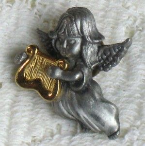 Vintage Signed Dona Pewter Angel Goldtone Harp Pin Brooch