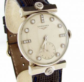 Longines Watch 14k White Gold Diamond Bar Lugs and Dial