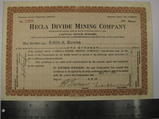 Hecla Divide Mining Co Nevada Stock Certificate