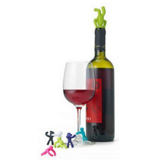 The Drinking Buddy bottle stopper and matching wine glass charms will