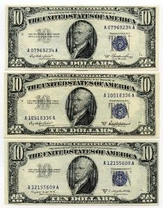 1953 A B UNC $10 Dollar Silver Certificate Blue Seal Bills 3 Notes E