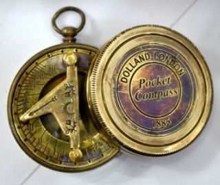 Dollond London Pocket Sundial Compass, Antique Brass Finish, Brass