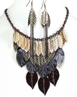  Hematite Chocolate Leaf Charm Drop Bib Necklace Set Costume Jewelry