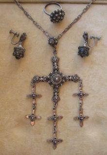 Rafael Dominguez Vintage Mexican 925 Silver Cross Necklace Earrings