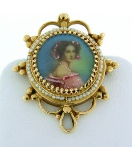 Beautiful Antique Victorian 14k Gold Painted Enamel Portrait Brooch
