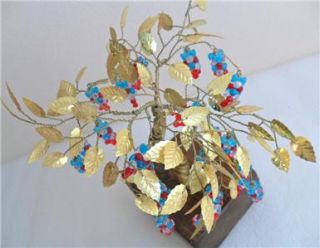 Brass Wire Tree Shimmery Leaves Lucite Fruit Vintage Retro Mid Century