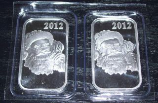 x2) 2012 SANTA Christmas Silver Bars ,999 x 2  ONE OUNCE OF