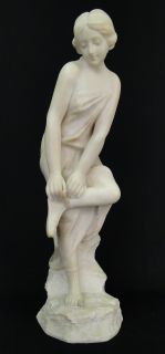 Signed M Duval Antique Marble Sculpture of Beautiful Woman Putting on