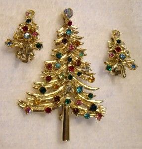 Vtg Dodds Rhinestone Christmas Tree Brooch Earrings Set
