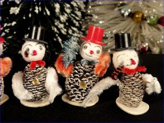 Vintage Pine Cone Dwarfs Christmas Snowman Figures Spun Cotton Heads