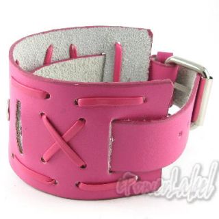 K0034 Punk Rock Cross Wide Leather Watch Band Strap Brown Black Pink