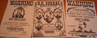 3pc Set of Wyatt Earp and Doc Holiday Old West Wanted Posters