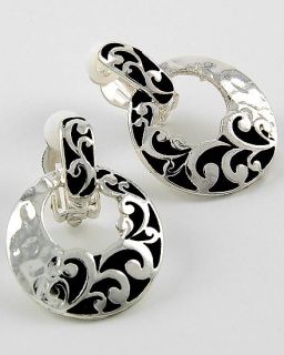 Silver Black Design Dangle Hoop Clip on Earrings