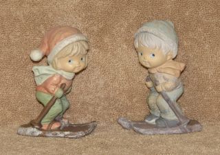 Ceramic Pair of Girl & Boy Skiing Children Figurines 4 1/4 Tall Good