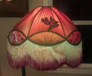 Superb Antique Victorian Large Silk Embroidered Lamp Shade, Prof