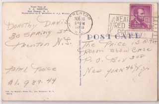 East Orange New Jersey Postcard VA Hospital Front View w/ 1958 NJ