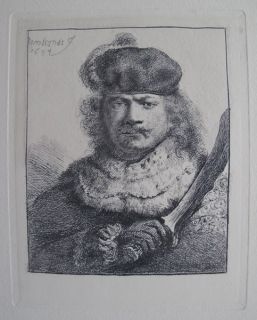 Rembrandt Amand Durand Signed Etching Self Portrait with Raised Sabre