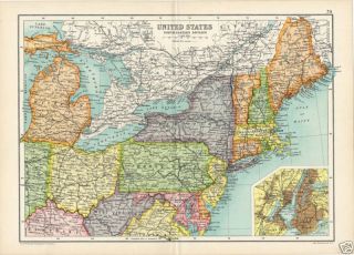 RARE 1909 Cassel Map of Northeastern United States VG