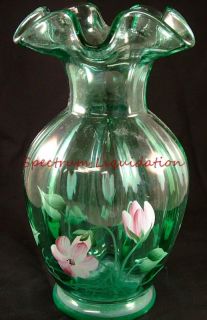  Glass Hand Painted Pink & White Flowers 8 1/2 Vase by Janet Dowler