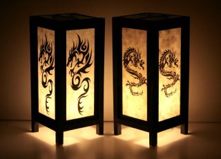 Set of 2 White Japanese Dragon Bedside Table Lamp Pair Decoration
