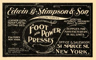 1896 Ad Foot Power Press Edwin Stimpson Automatic Machinery Cutting