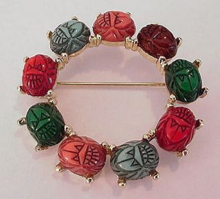 vintage faux coral jade egyptian scarab circle pin please scroll down