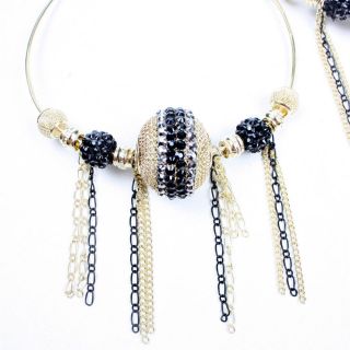 Black Iridescent Rhinestone Metal Bead Chain Dangle Statement Earrings