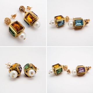 Vintage 14k Gold Lantern Earrings Topaz Citrine Peridot Sapphire Pearl