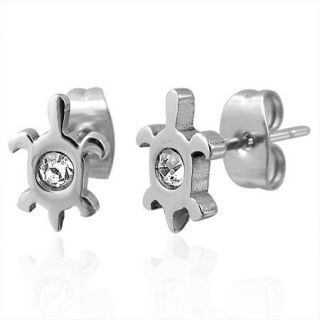 Pair of Silver Stainless Steel Stud Earrings Turtle Tortoise w CZ