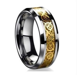 Dragon Inlay Silver Gold IP Black Celtic Ring Mens Wedding Band
