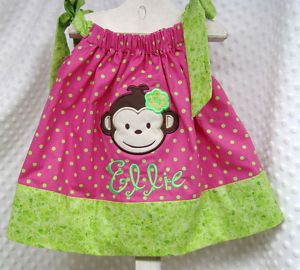 Monkey Pillowcase Applique Dress Pink Green Birthday